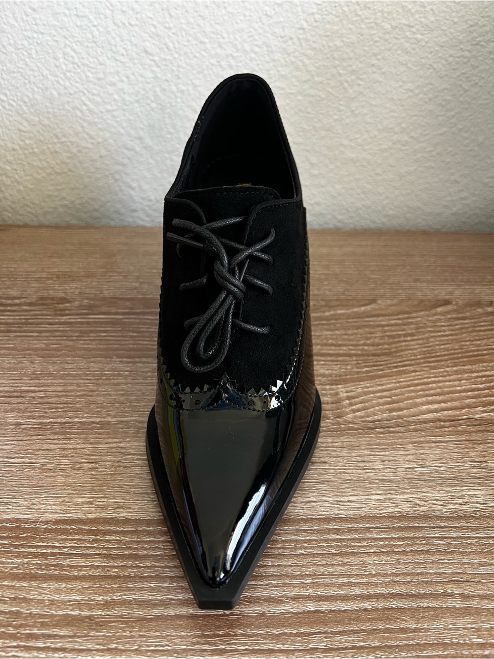 Black Lace-Up Pointed Block Heel Pumps - Picture 4 of 9